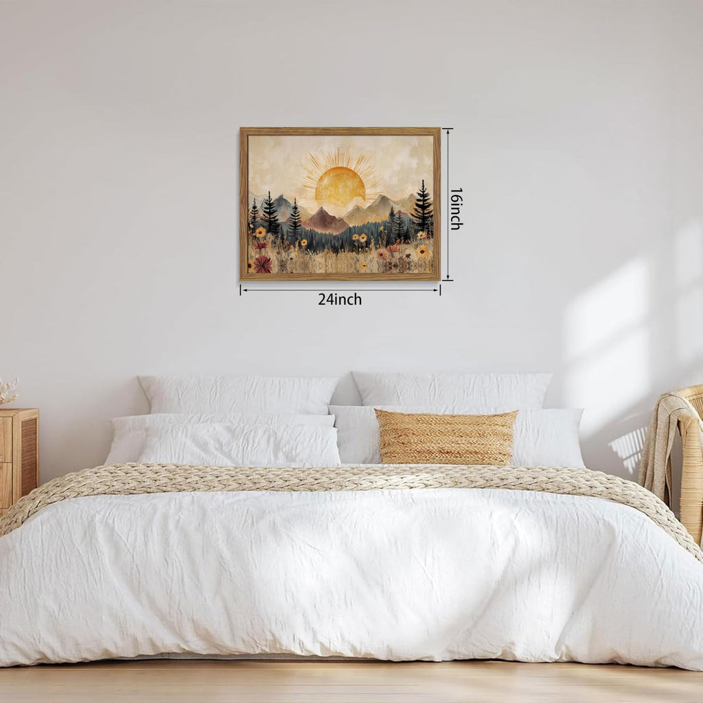 Framed Vintage Sunrise Mountain Landscape Wall Art, Golden Sunburst Meadow Forest Canvas Print, Retro Wildflower