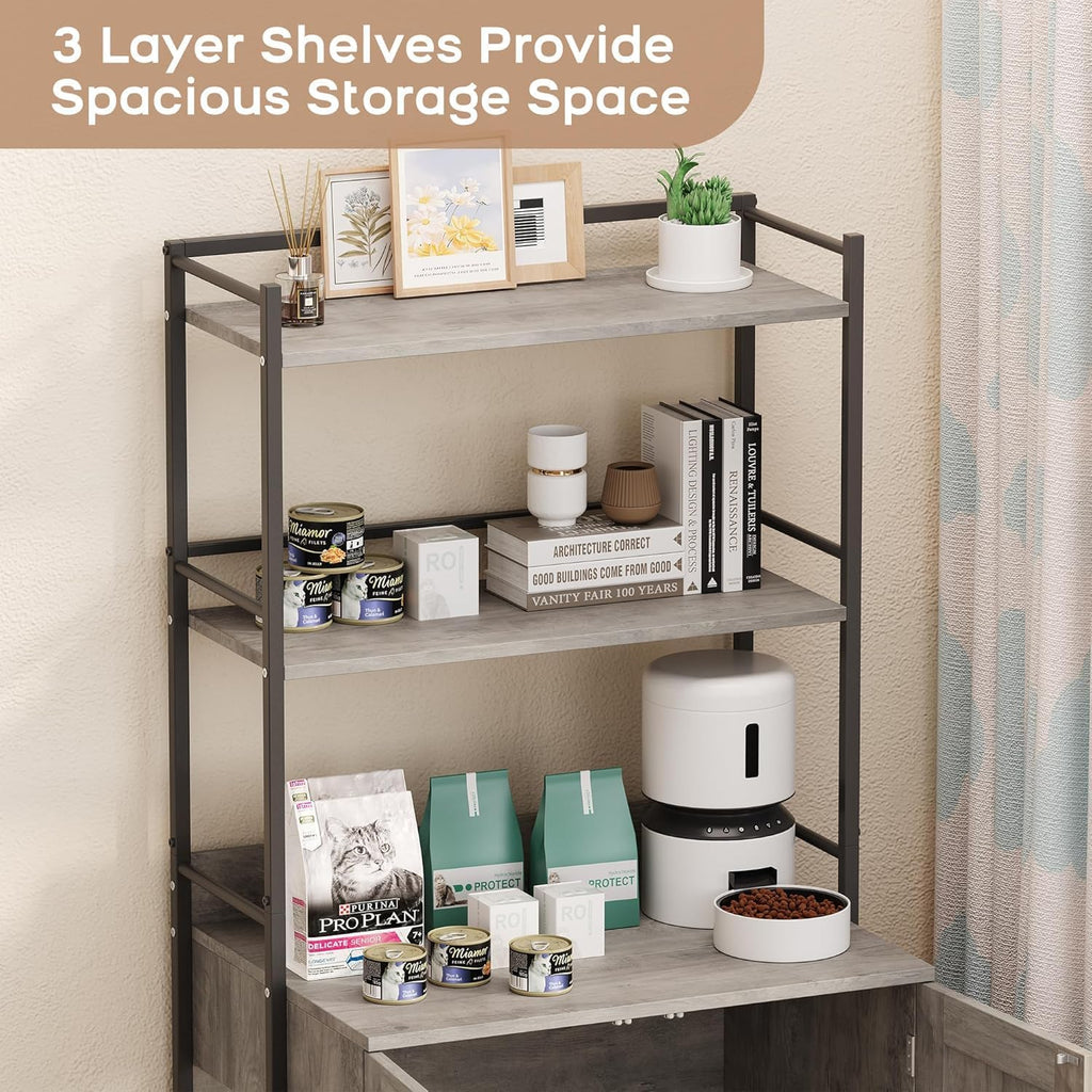 Cat Litter Box Enclosure with 3 Metal Storage Shelves