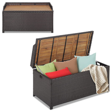 Patio Storage Bench Rattan Wicker Deck Box with Acacia Wood Seat, Gas Strut, Zipper Liner, Handles, Outdoor Storage