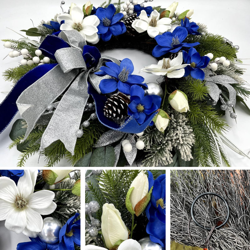 24 Inch Blue Magnolia Winter Door Wreath with Bow & Silver Ornaments