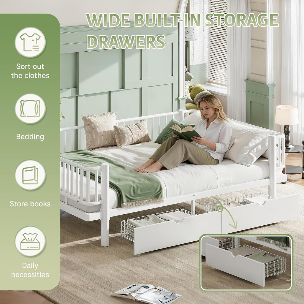 Metal Montessori Bed with Fence and Slats, Montessori Bed with Storage Drawers and Detachable Side Bed