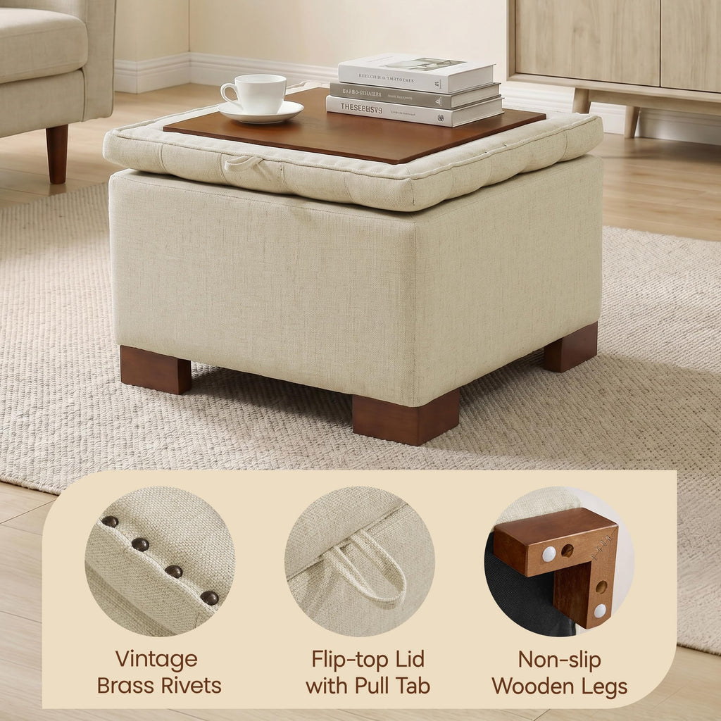 Square Storage Ottoman Coffee Table with Flip Tray, 24" Linen Khaki