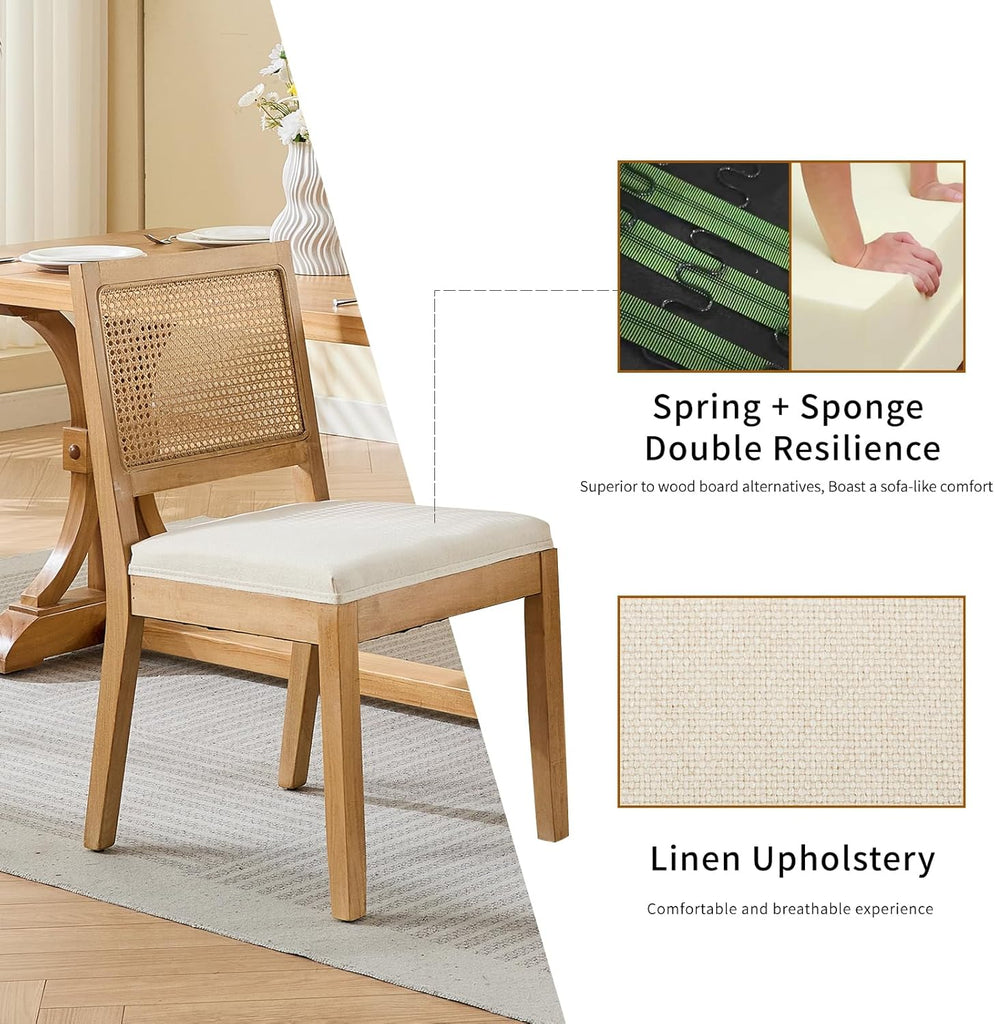 French Country Dining Chairs Set of 4, Cream Rattan Kitchen Chairs with Cane Low Back and Wood Legs for Dining Room, Beige