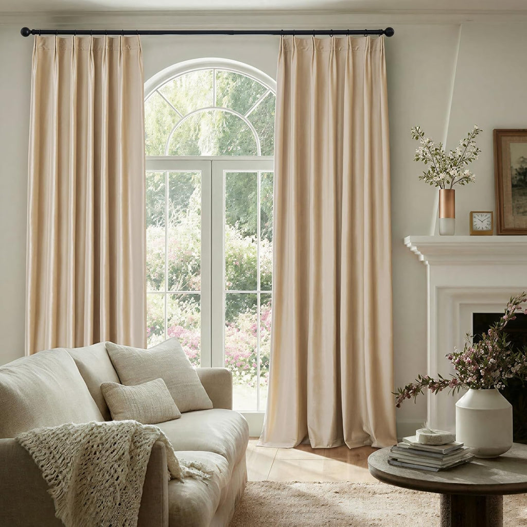 Beige Champagne Velvet Curtains 84 Inch: Pinch Pleated 2 Panels Luxury Living Room Darkening Thermal Insulated Drape