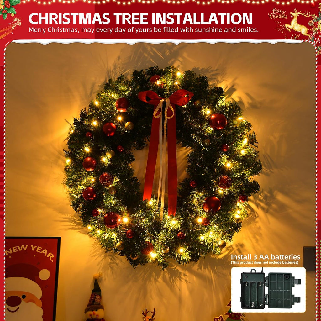 36 in Battery Powered Pre-Lit Christmas Wreath, 80 Warm Lights