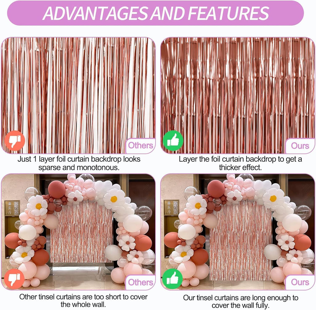 8 Pack Rose Gold Party Streamers Backdrop, 3.3 x 9.9 ft