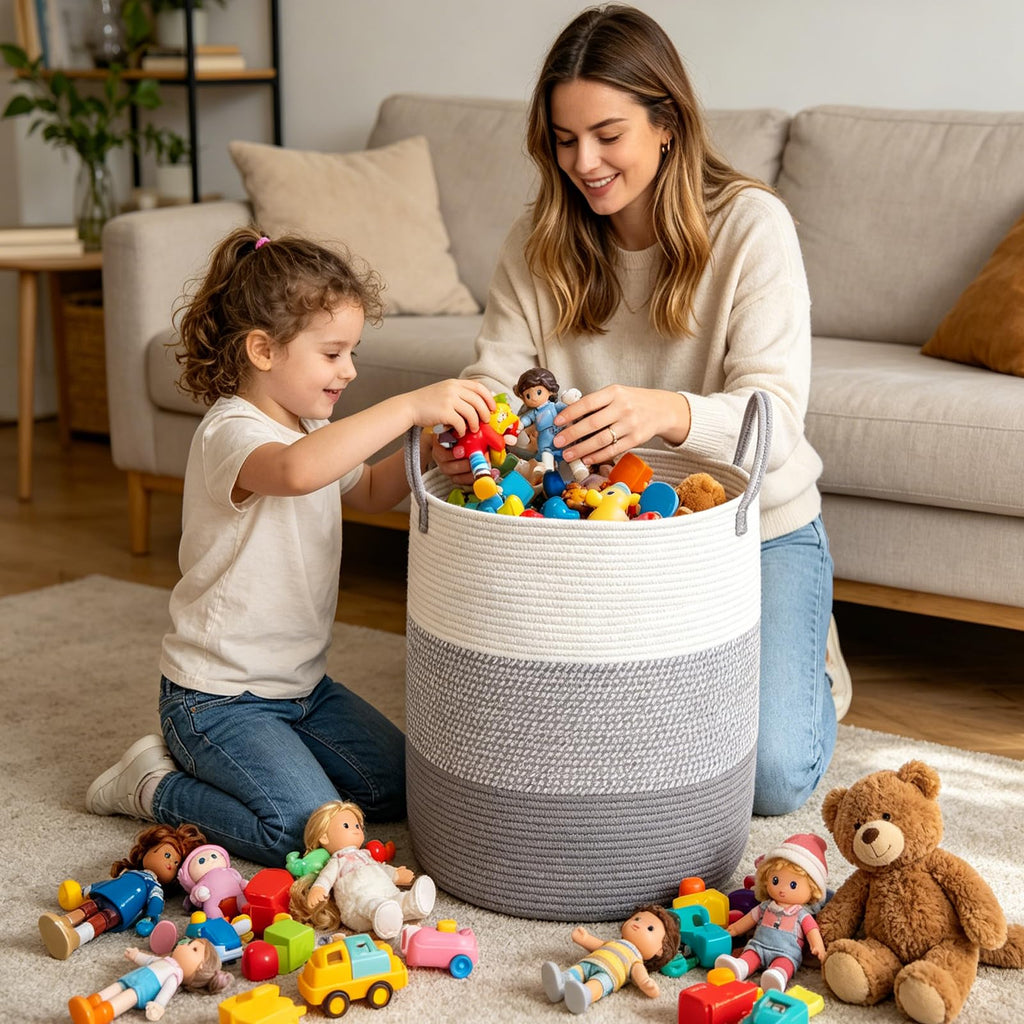 Large Laundry Hamper, Woven Rope Basket - Grey