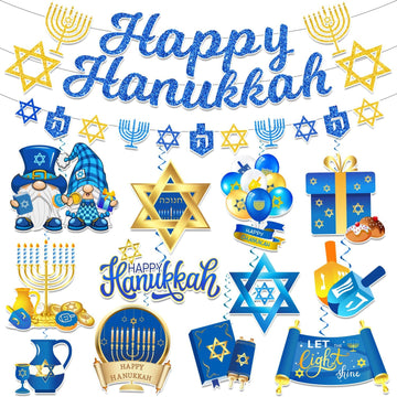 Hanukkah Decorations, Chanukah Party Decor includes Happy Hanukkah Banner Star of David Dreidel Garland and Hanging - Set of 15