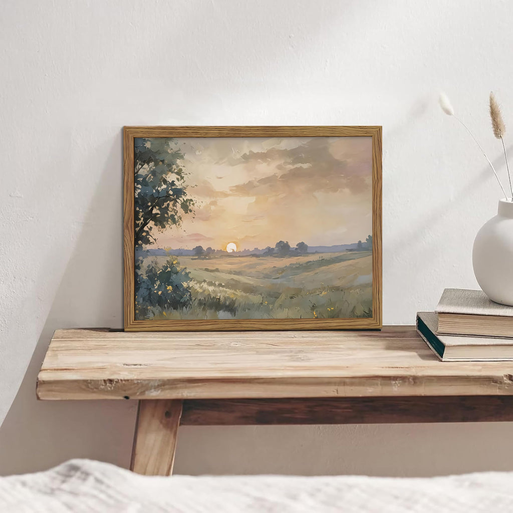 Wood Framed Vintage Wall Art, Fall Nature Sunset Landscape Canvas Wall Decor, Retro Country Farmhouse Prints Artwork