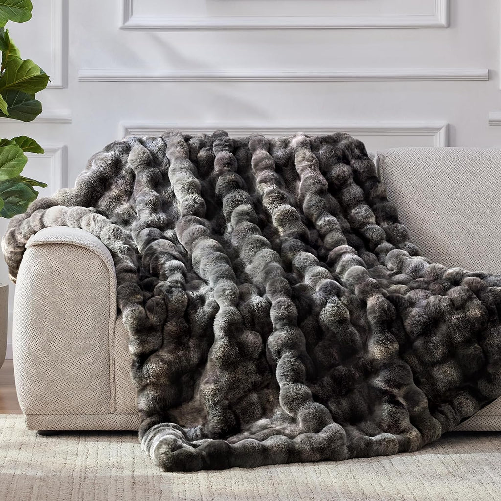 Faux Fur Throw Blanket, 1000GSM Fluffy Soft Bubble Blanket 60''*80'' | Cozy Plush Warm and Thick Blanket for Couch