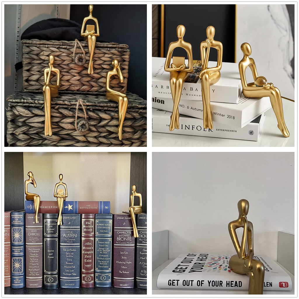 Resin Reading Sculpture Gold Decor Sitting Thinker Statue Abstract Sculptures, Bookshelf Decor Accents Resin Gold