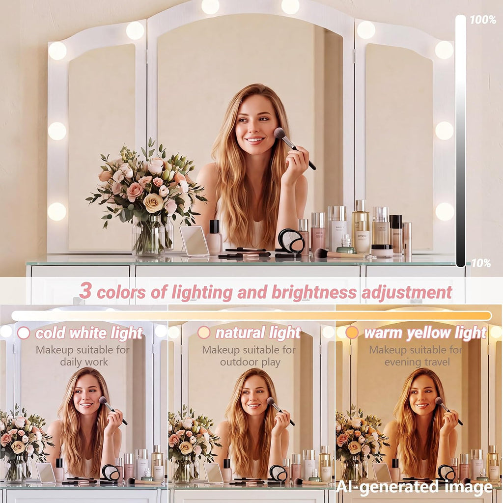 Vintage Vanity, White Vanity with Lighted Mirror & Third-Fold Mirror, Retro 5-Drawer Dressing Table with Glass Top
