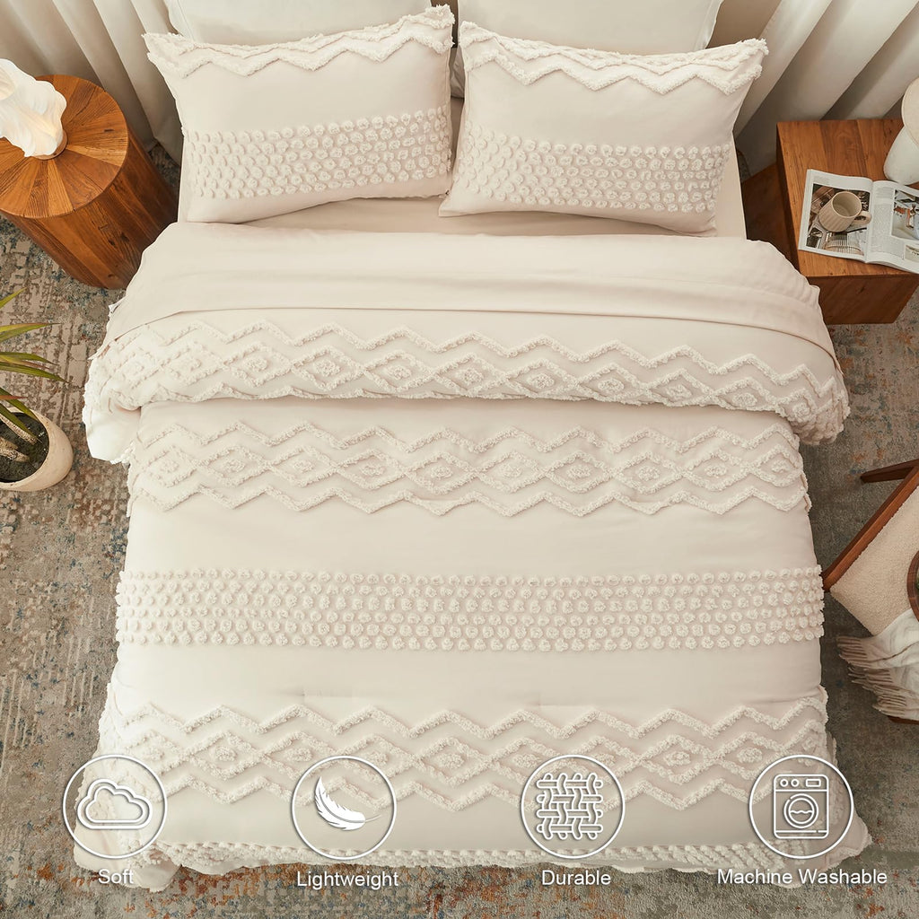 Beige Tufted Comforter Set, 3 Pieces Queen Size Boho Bedding Set