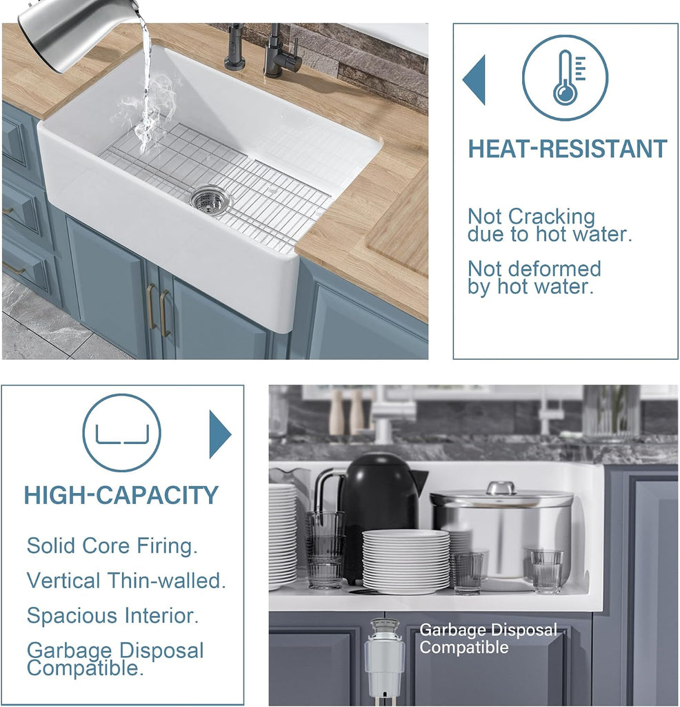 30" x 20" Fireclay Apron Front Farmhouse Sink White | Single bowl farm style, Easy to clean, Resistant to stains