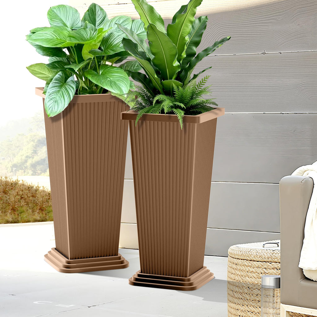 Set of 2 Tall Planters for Outdoor Plants, Brown Ribbed