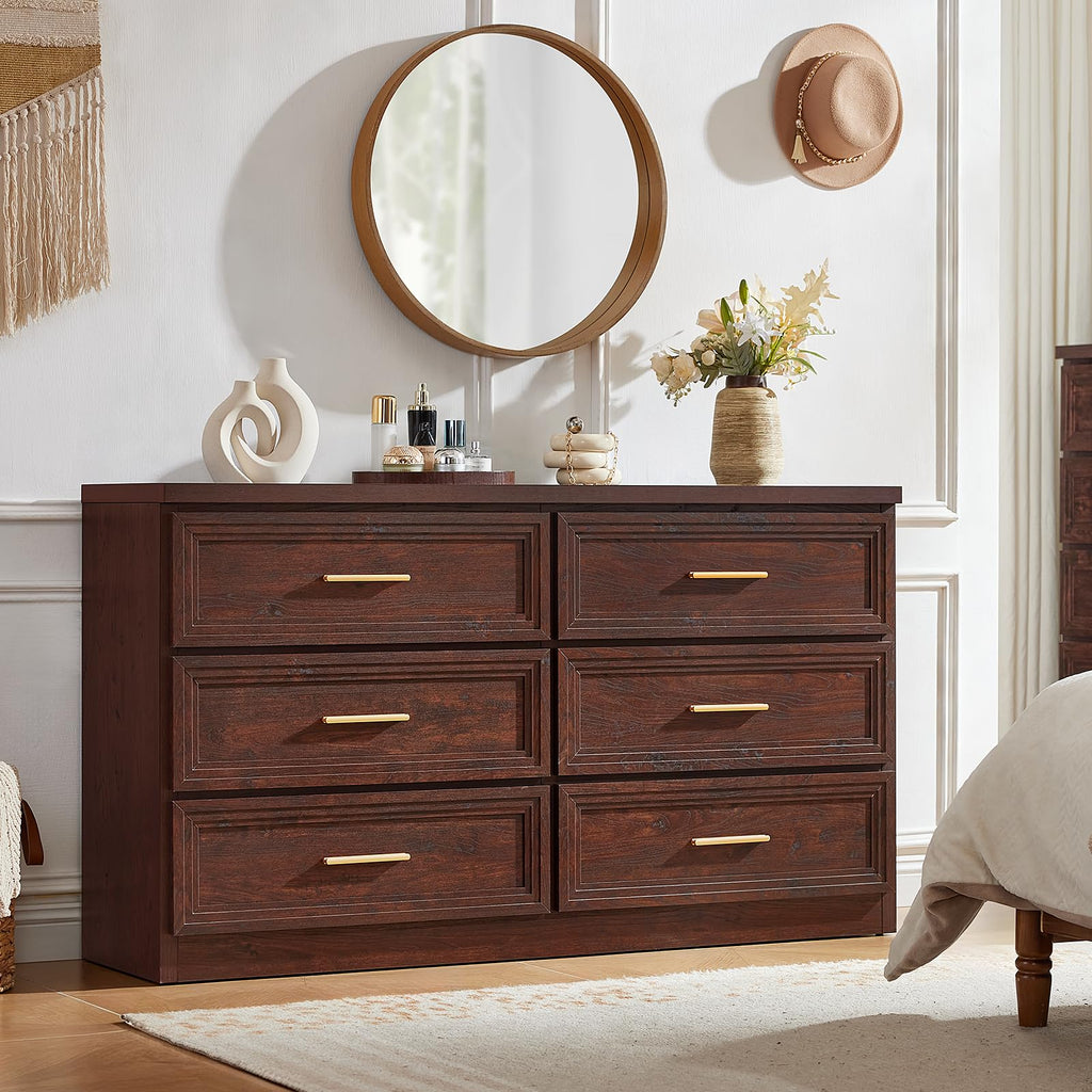 55.1" Wide Farmhouse 6 Drawers Dresser, Walnut