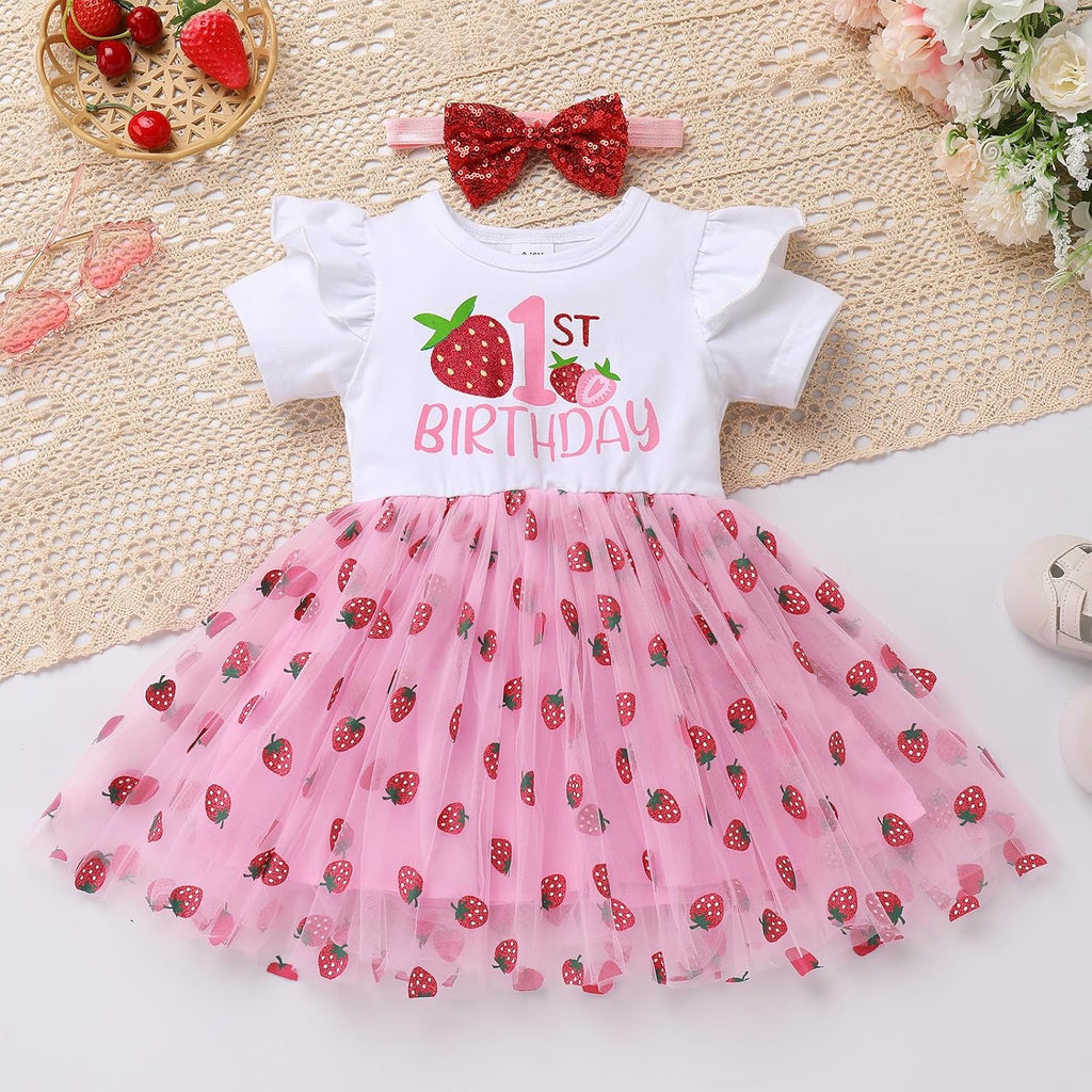 Baby Girl First Birthday Cake Smash Outfit Short Sleeve Tulle Tutu Princess Dress with Bowknot Headband Set
