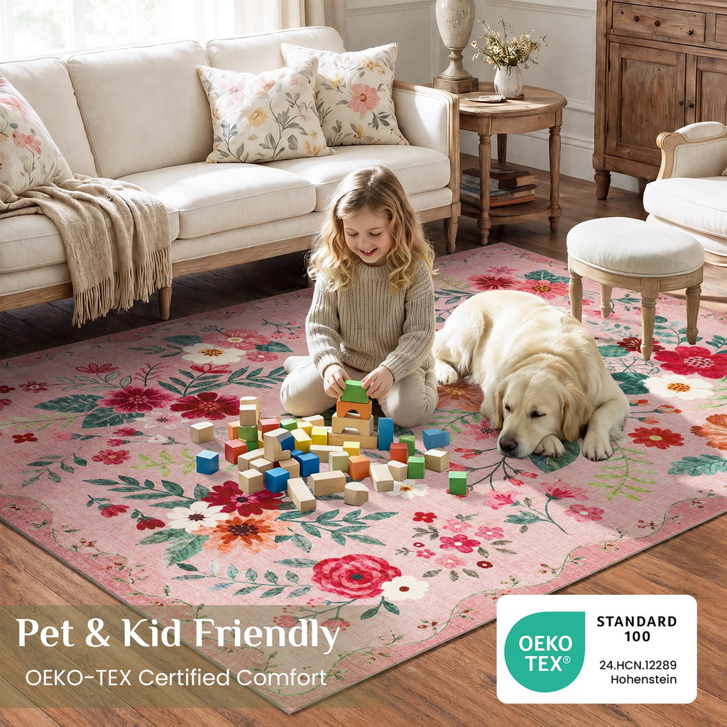 Floral Runner Rug 2x8, Washable Rug, Pink