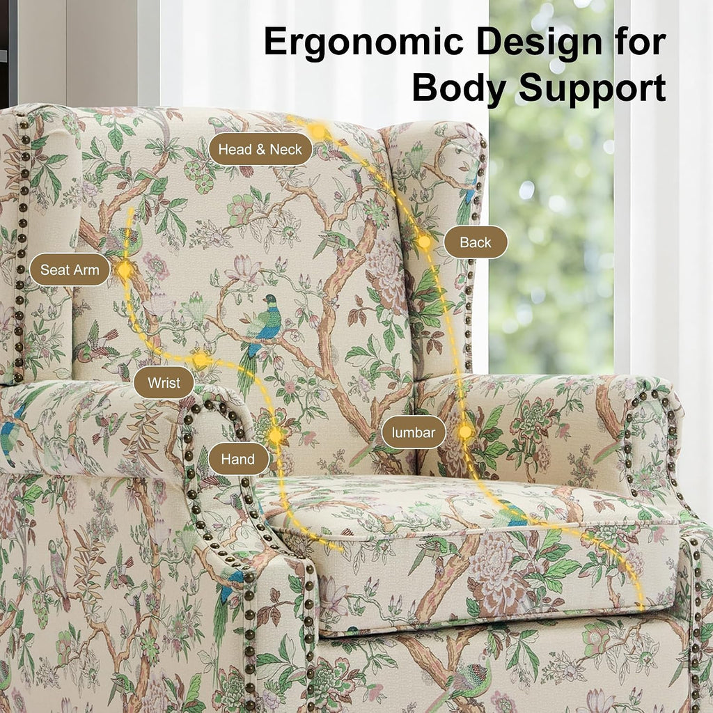Wingback Chairs Set of 2, High Back Floral Accent Chair in Fabric, Comfy Upholstered Armchair with Nailhead Trim