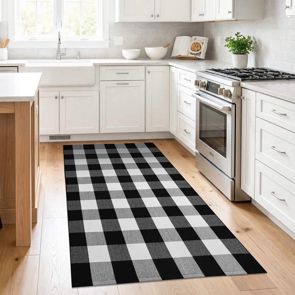 Buffalo Plaid Checkered Rug 3x5 ft Black White Front Door Rug