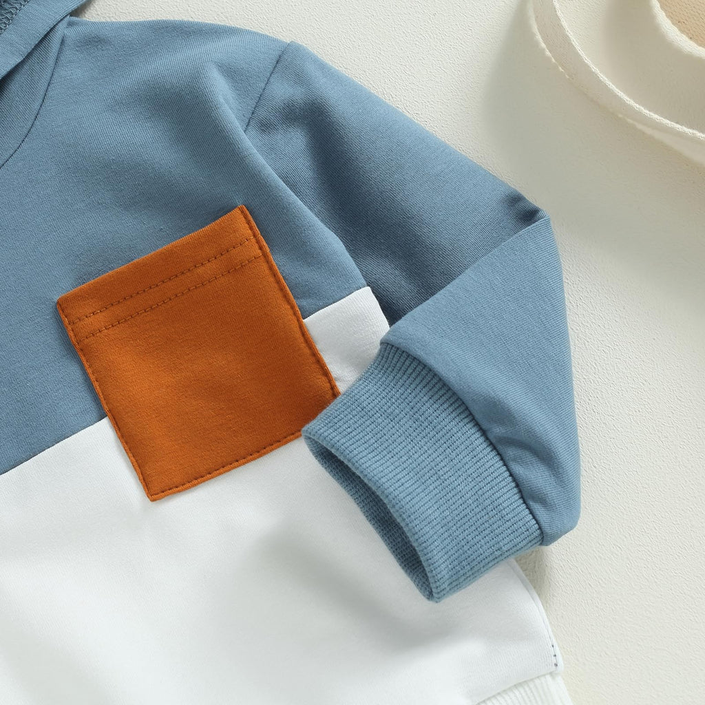 Toddler Baby Boy Outfit Long Sleeve Color Block Hoodie and Pants Fall Winter Clothes Blue