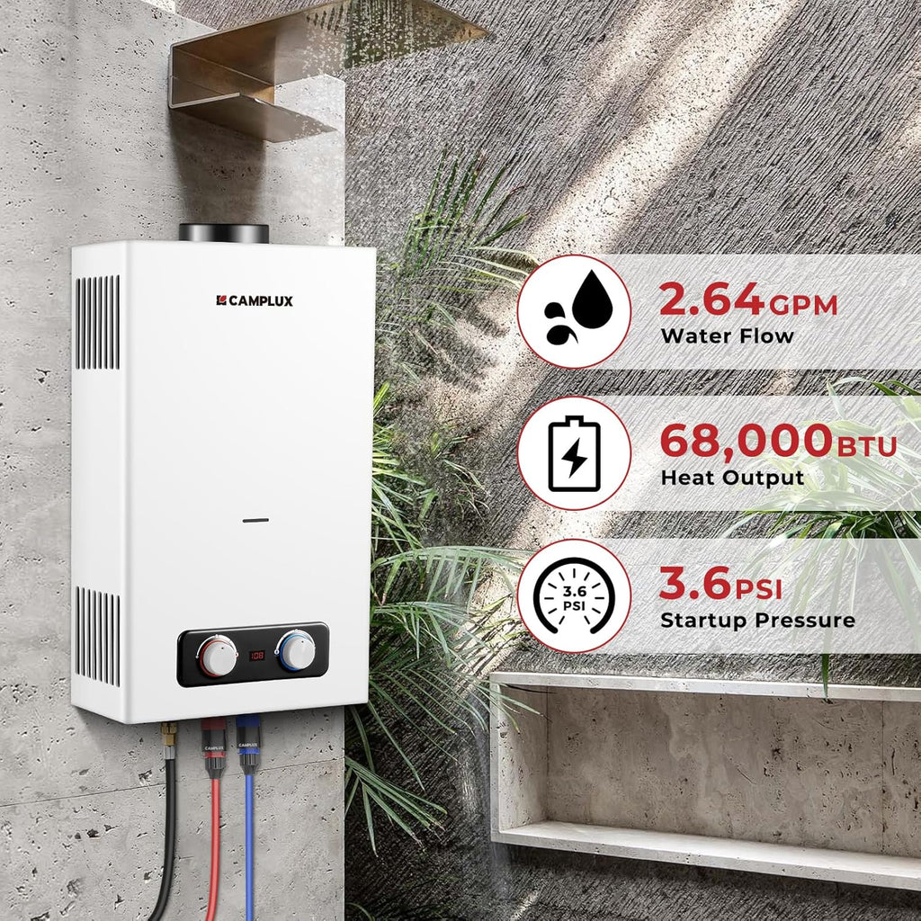 2.64 GPM Tankless Propane Water Heater, Portable Water Heater Outdoor with Overheating Protection, for Camping
