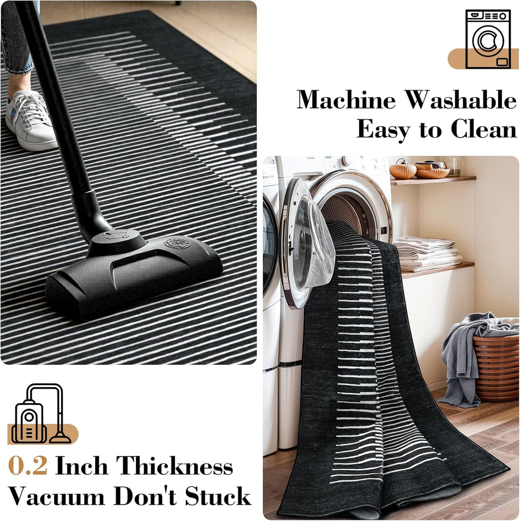 Washable Striped Washable Area Rug, Non-Slip Black Berber Stripe Rugs, Low Pile Minimalist Floor Carpet Rugs
