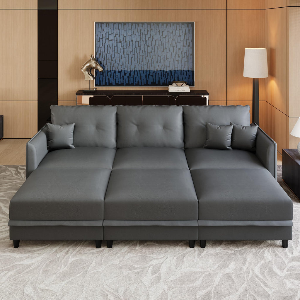 Faux Leather Modular Sectional 6 Seater Sofa Sleeper with Storage