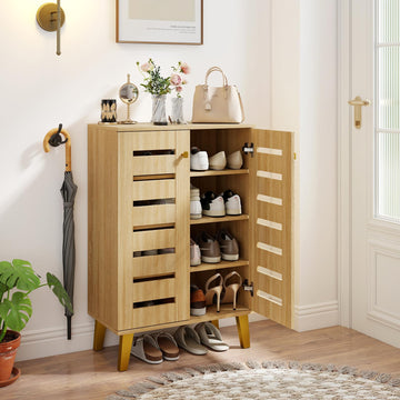 Shoe Cabinet with Doors, Modern Wooden Narrow Shoe Storage Cabinet