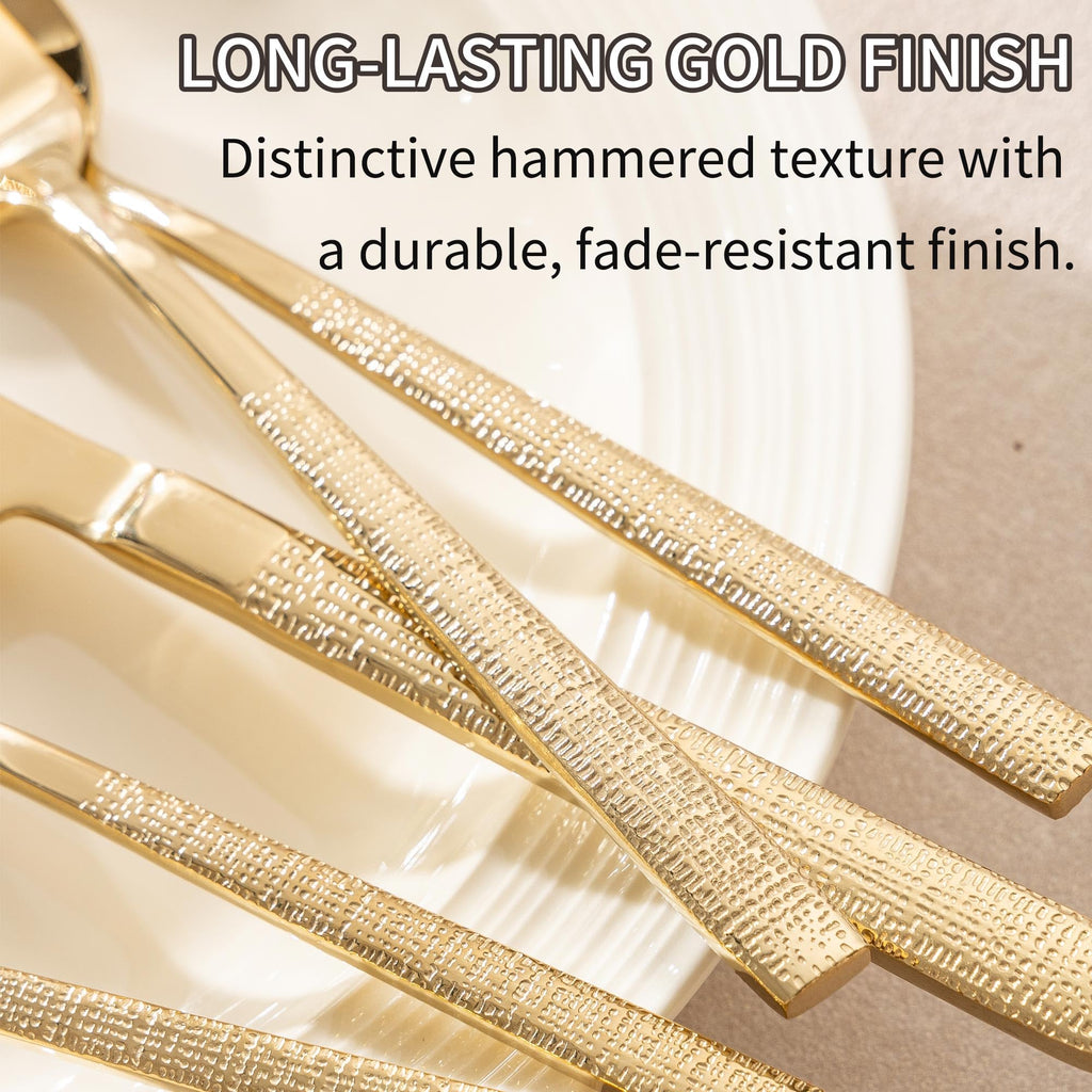 Gold Hammered Silverware Set for 1, 5-Piece 18/10 Stainless Steel Flatware