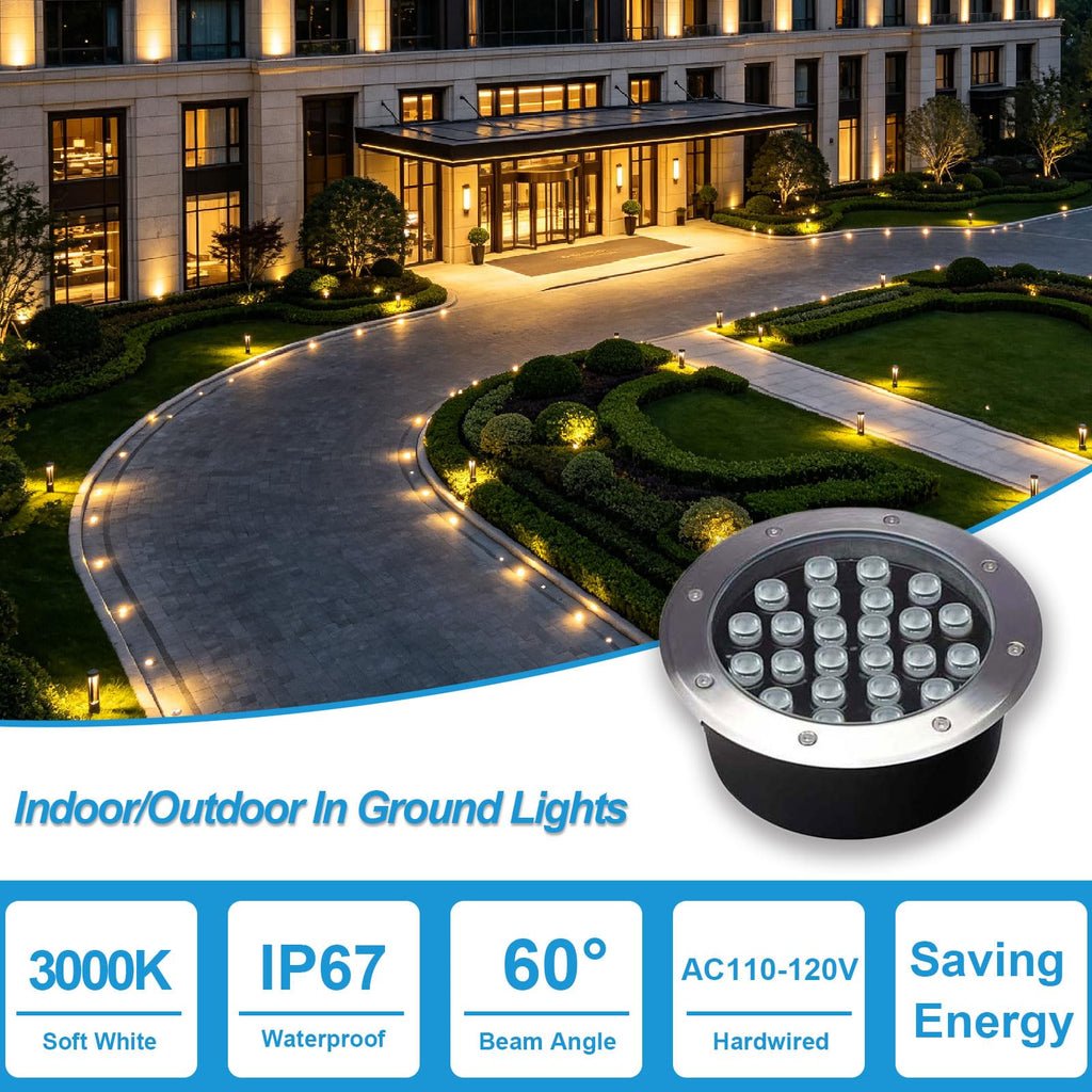 24W Outdoor In-Ground Lights, 120V Hardwired Path Lights, 4-Pack