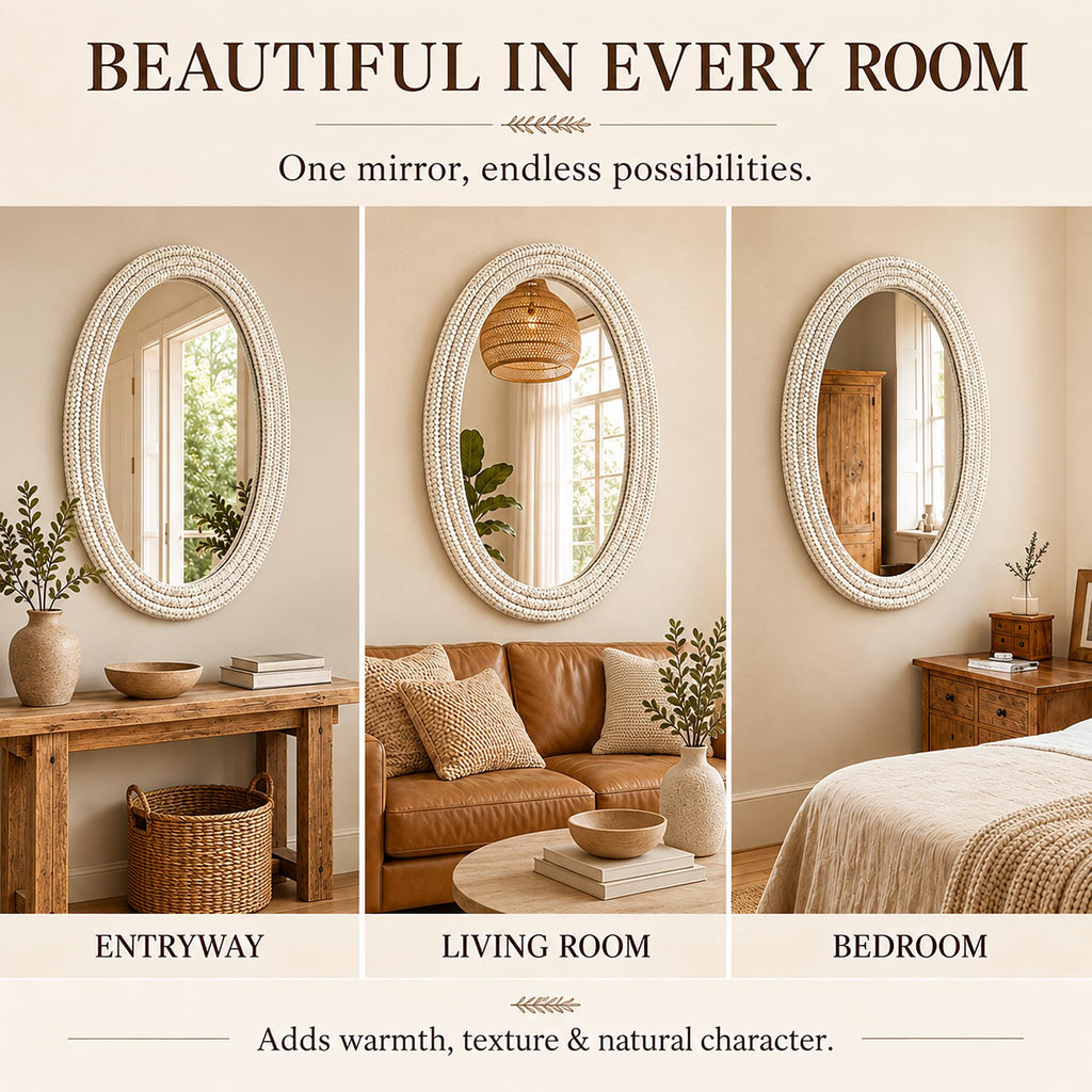 26"x39" Oval Wall Mirror, Handwoven Corn Husk, Whitewashed