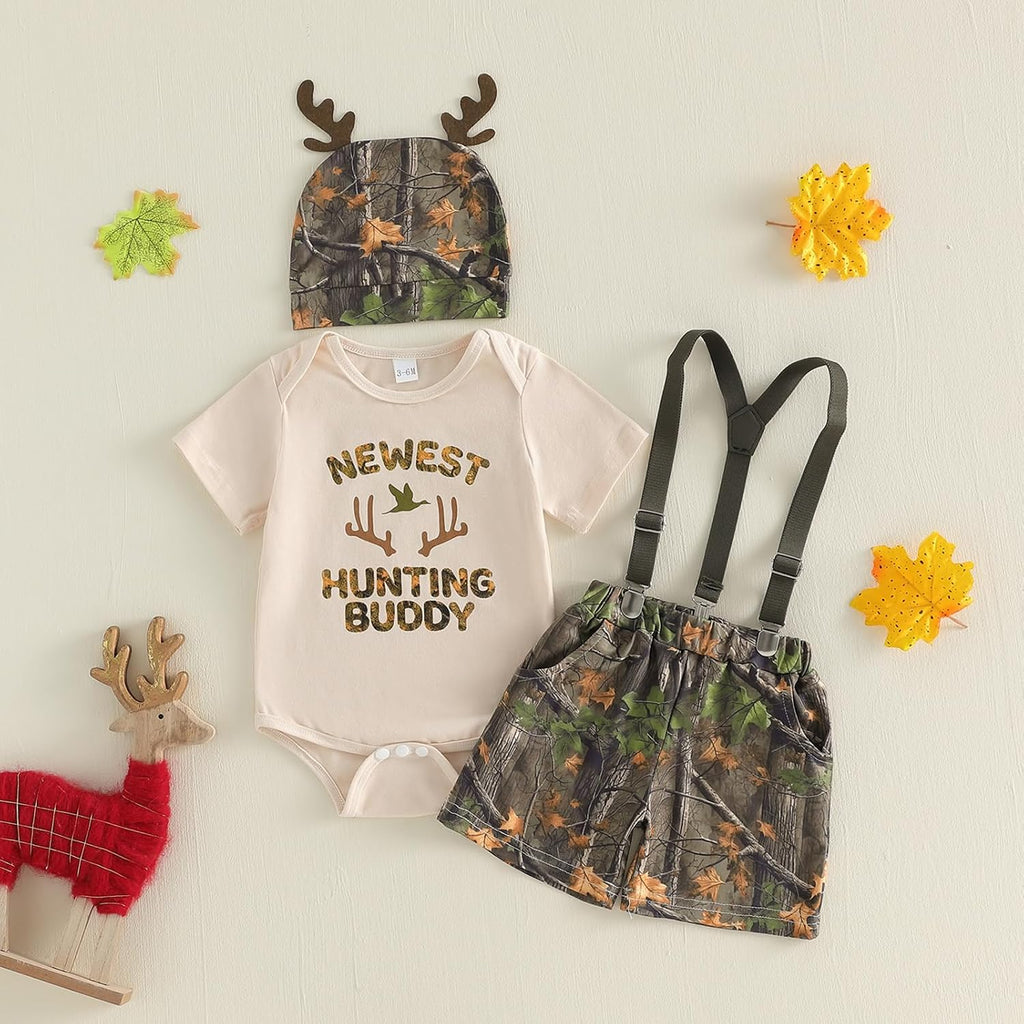 Newborn Baby Boy Clothes Hunting Short Sleeve Romper Shirt Tops Removable Strap Shorts Summer Outfits Hat Set
