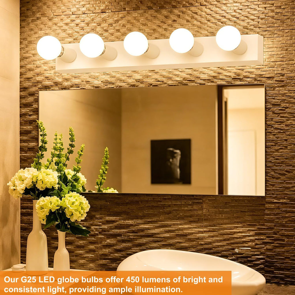 Glass LED G25 Globe Light Bulbs 60W Equivalent, G25 Dimmable 2700K Warm White Round Frosted Vanity Light Bulb for