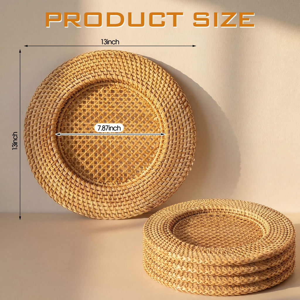 4 Pack 13" Rattan Charger Plate, Brown, Hollow Out