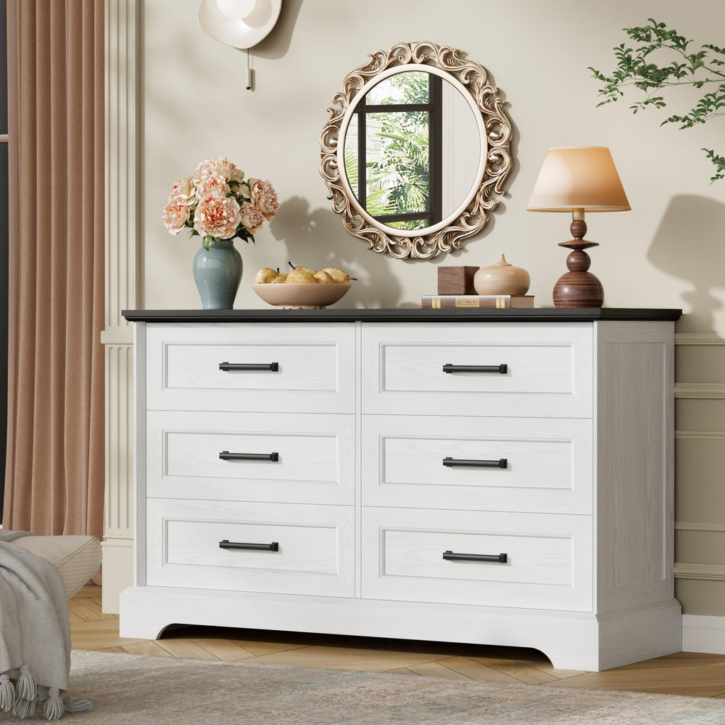 Farmhouse Dresser, 6 Drawers Dresser, White & Black