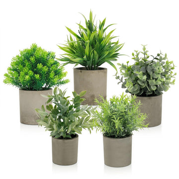 Artificial Potted Plants Set of 5, Realistic Faux Greenery in Cement Pots Desk Bookshelf Decor, Small Fake Plants for