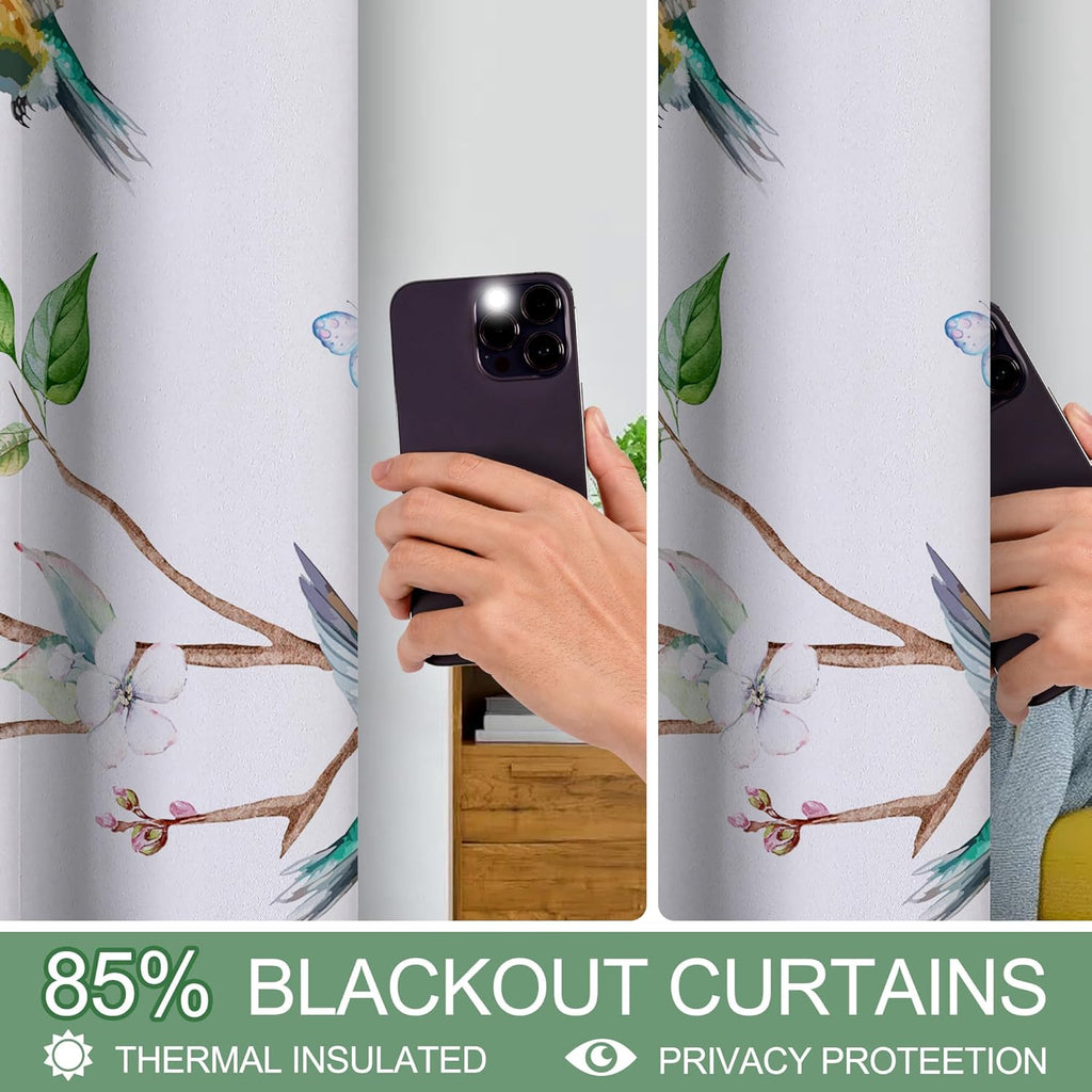 Spring Curtains 96 Inches Long, Floral Bird Branch Living Room Blackout Curtains Room Darkening, Farmhouse Light