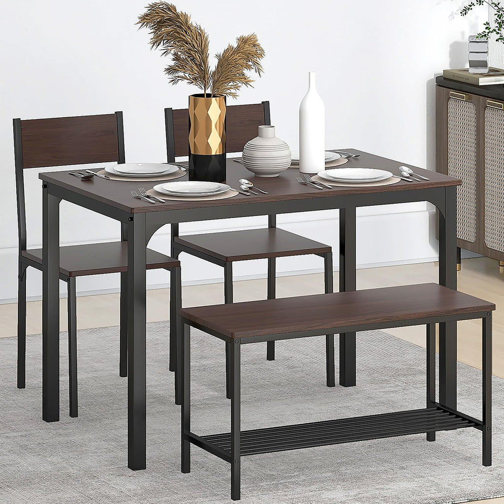 Dining Table Set for 4, with Two Chairs and One Bench/4 Piece Set, Wooden Table Top with Metal Legs for Breakfast
