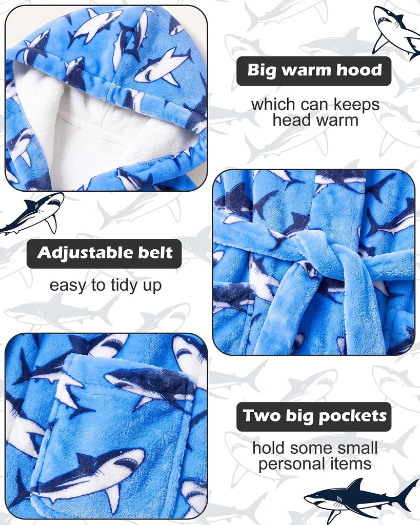 Boys Fleece Robe Kids Flannel Warm Hooded Bathrobe Soft Sleepwear
