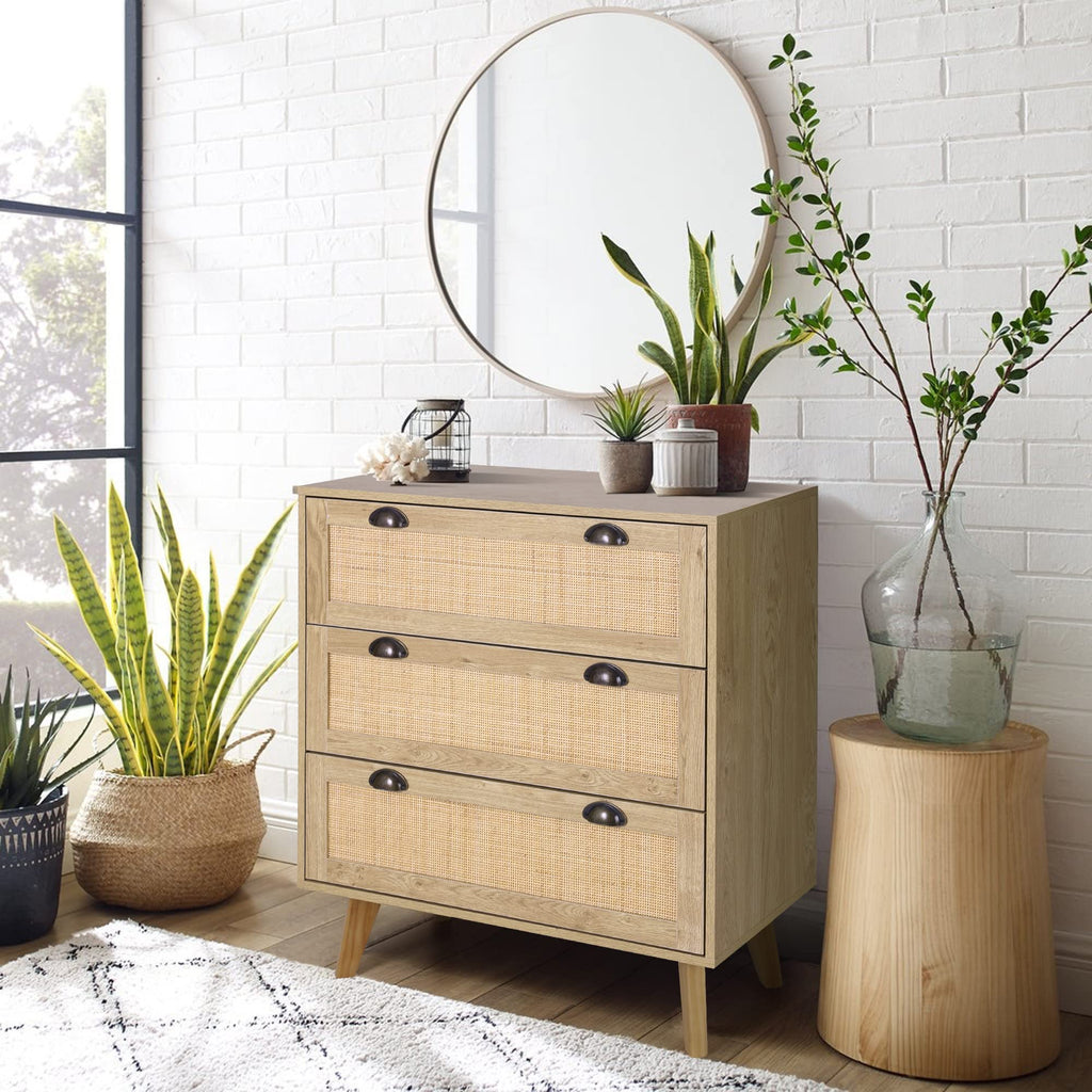 Natural Rattan Nightstand, 3 Drawer Dresser Bedside Table