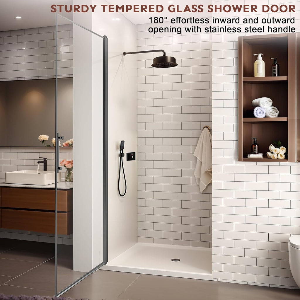 36" Wx72 H Frameless Reversible Pivot Shower Door, 1/4" Clear SGCC Tempered Glass, 304 Stainless Steel Hardware