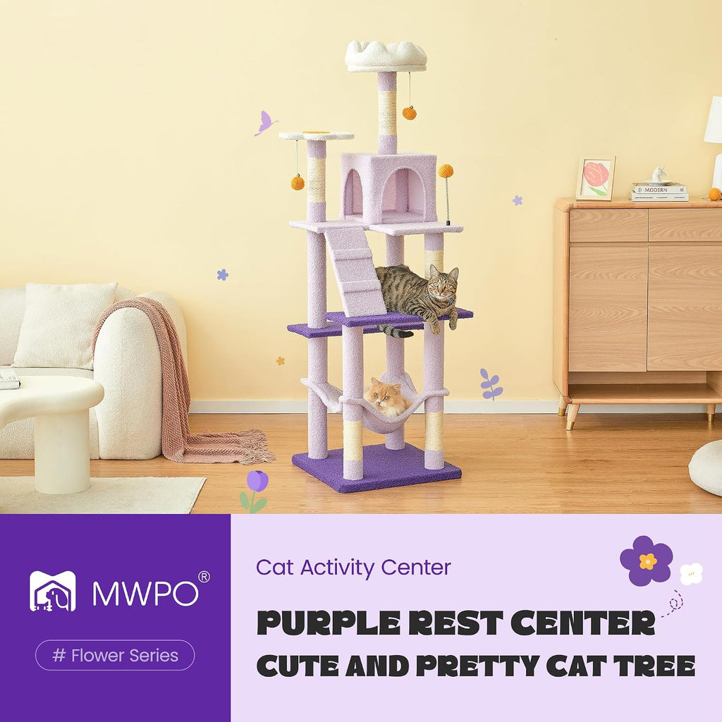 Flower Cat Tree for Indoor Cats, 63.8 Inches Multi-Level Cat Tower with Sisal-Covered Scratching Posts, Padded