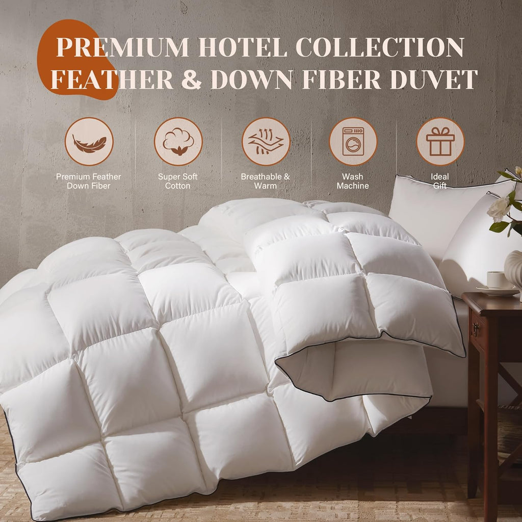 Goose Feather Down Fiber Cotton Comforter King, Ultra-Soft Duvet Insert, Hotel Collection White Quil