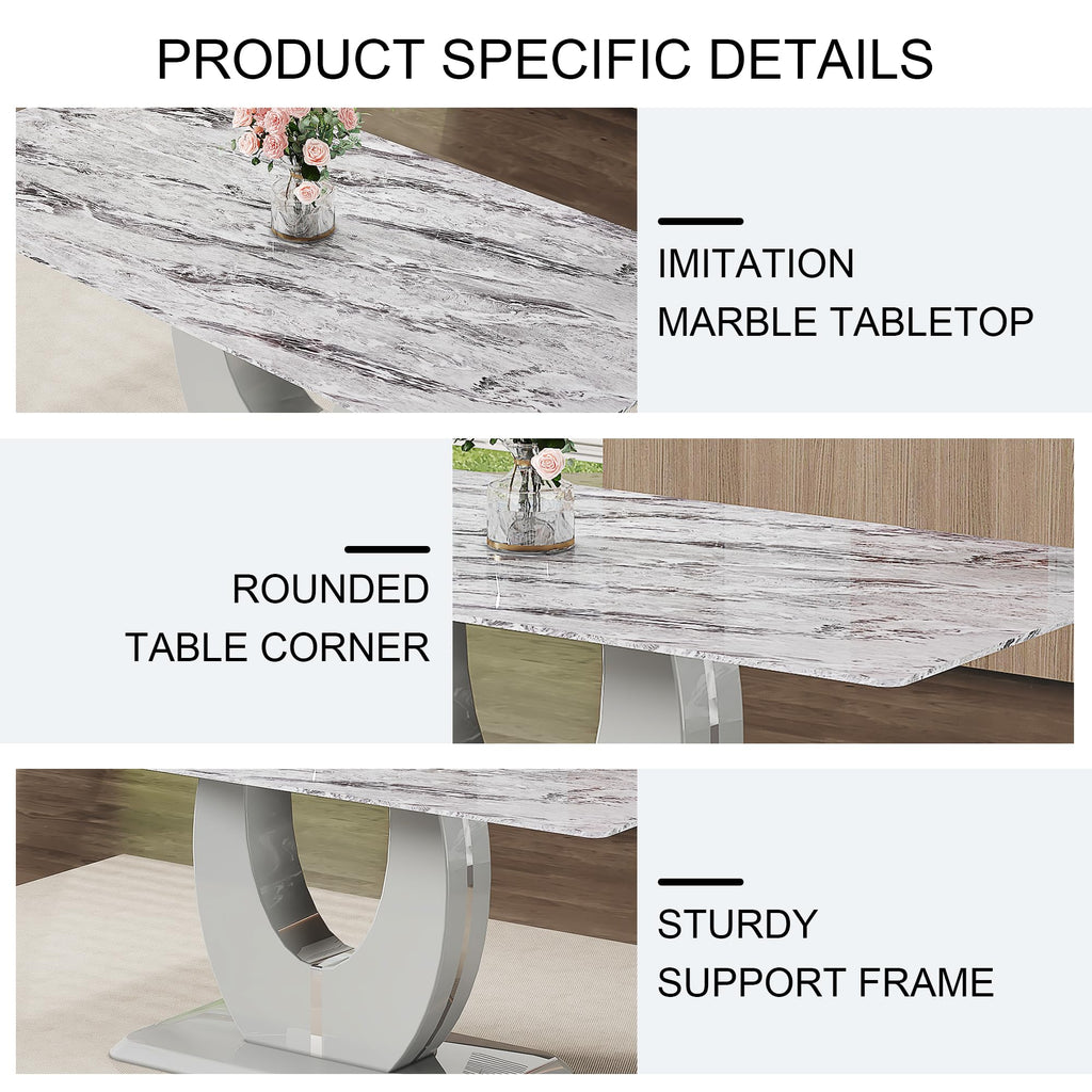 71-Inch Gray Faux Marble Dining Table with Pedestal Base