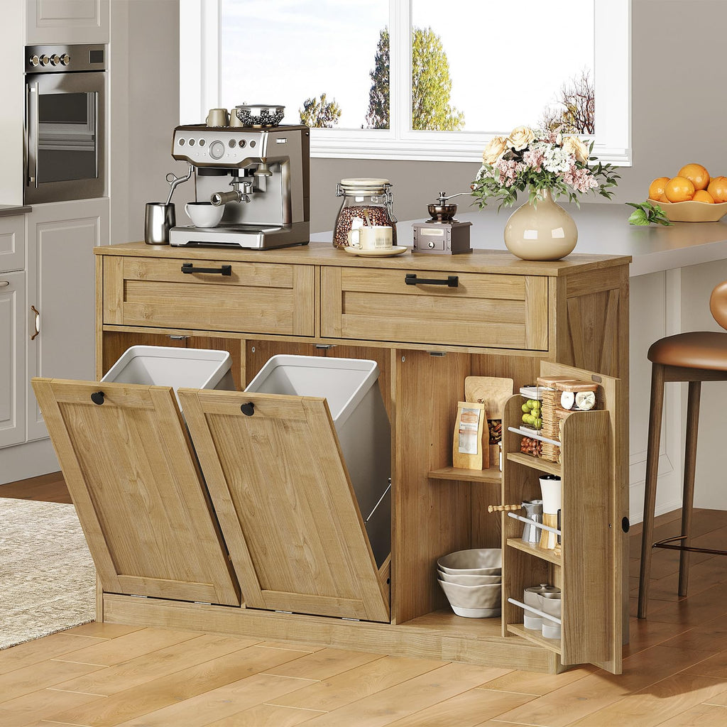 Double Tilt Out Laundry Hamper Cabinet, 43.3" Laundry Cabinet with 2 Removable Baskets, Farmhouse Wooden Hidden Trash