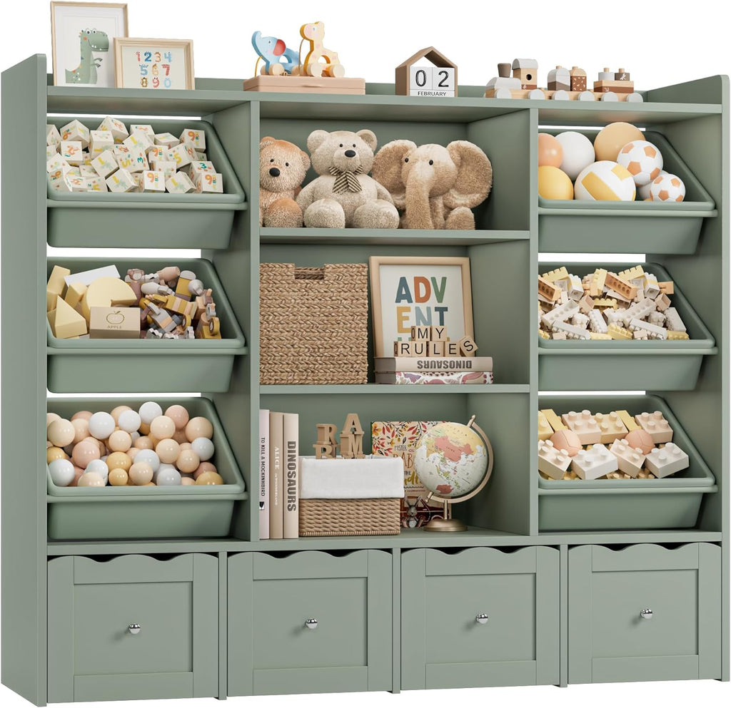 55" W Kids Toy Storage Organizer with 10 Toy Box & Book Shelf, Green | Large Toy Organizers and Storage with Kids