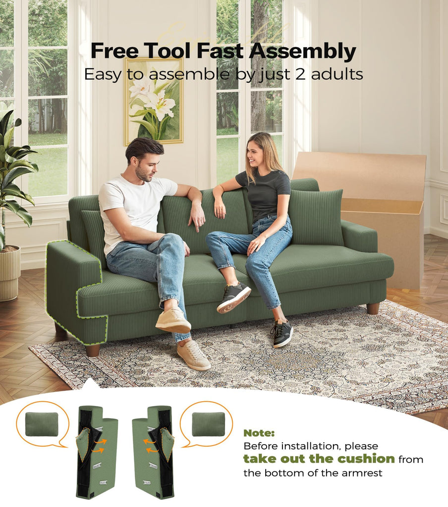 87in Corduroy Couch, 3 Seater Sofa, Sofas & Couches, Green Couch