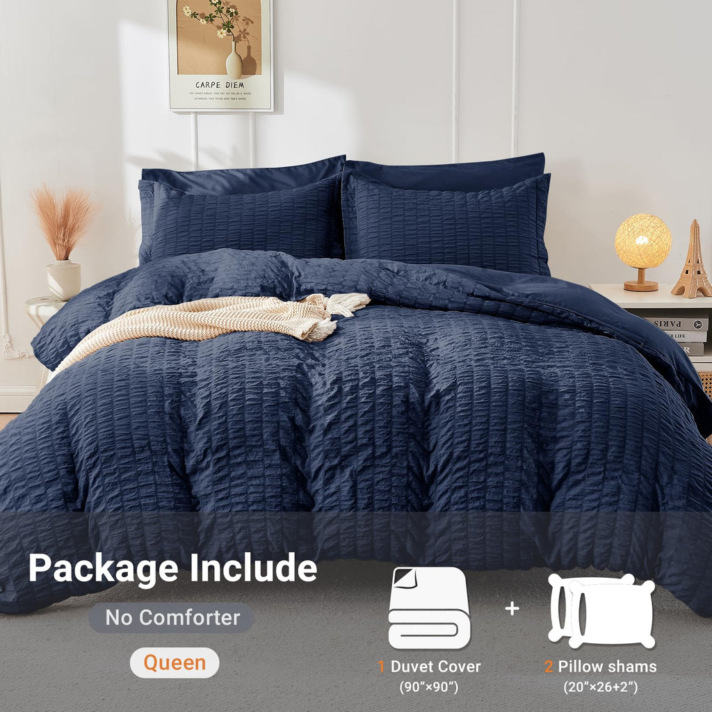 Duvet Cover, Seersucker Bedding Set, 3 Pieces, Navy Blue