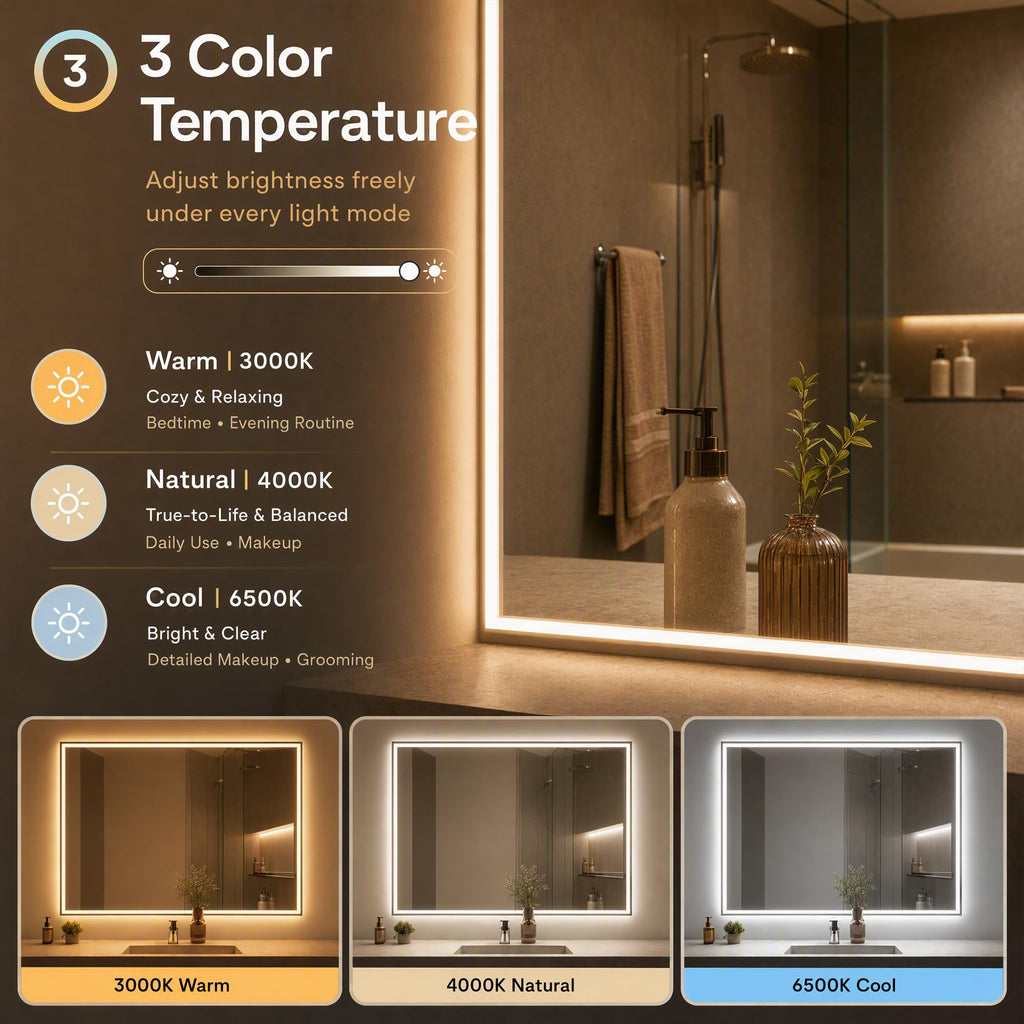 LED Bathroom Mirror 32 x 48 Inch - 3 Color Adjustable Modes
